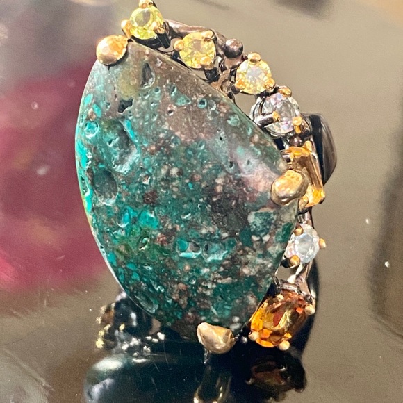 Mysterious Genuine Turquoise Ring with Gemstones - Picture 7 of 17